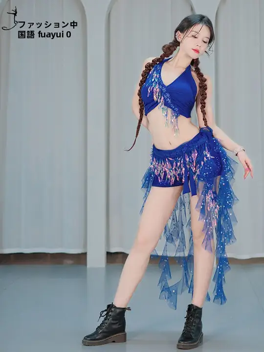 ラメ付きフリンジダンス衣装【ベリーダンス・網状ウエストバンド・インディアンダンス対応】（セットアップ対応）
