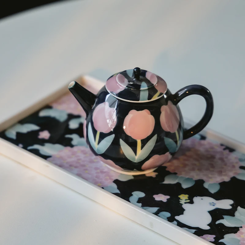 手作り陶器茶器セット：レトロ花柄が小ぶりな和室に合うか