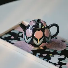 手作り陶器茶器セット【釉下彩花柄・レトロデザイン・ティーポット・カップ・トレイ】（ セットアップ対応）