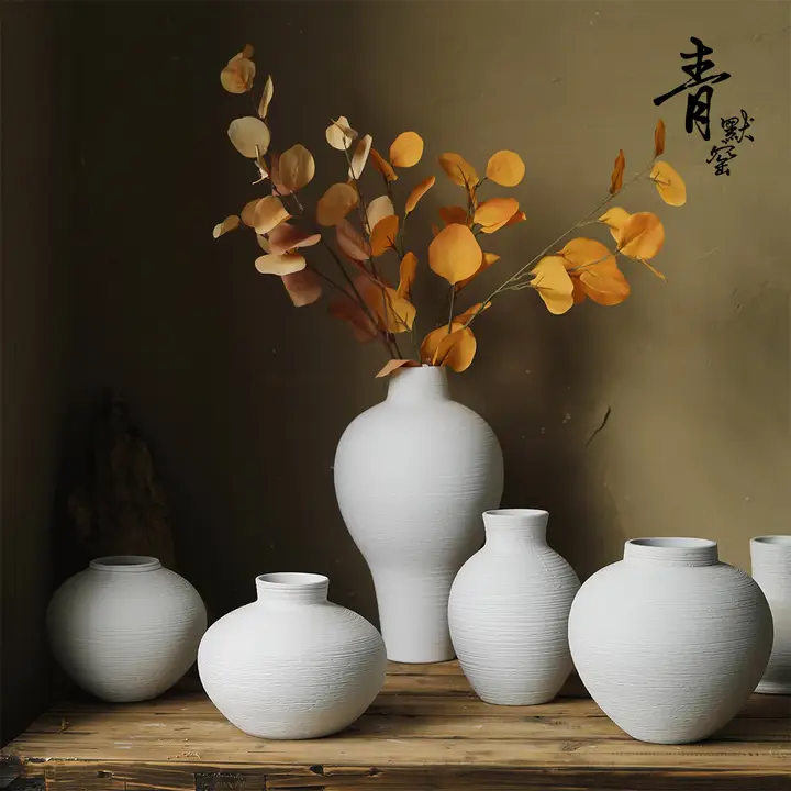 白色陶器の花瓶【シンプルデザイン・水耕栽培用・インテリア装飾】