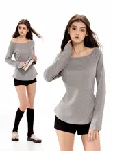 美式レトロ斜め肩デザイン 女性用長袖Tシャツ【春用・リブ付き・オフショルダー】