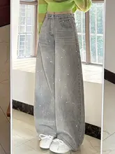 浅いブルーのデザイン感漂うペイント仕上げワイドレッグデニムパンツ【高腰・スリムフィット・レディース・春用】