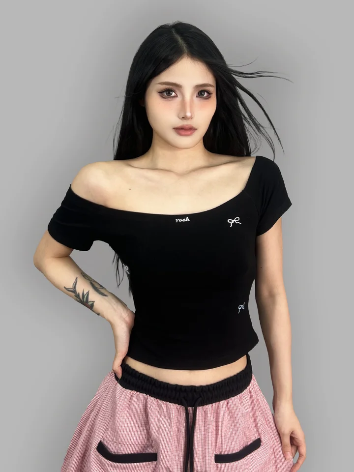 ショルダーオープン 絵柄刺繍Tシャツ【ジャズダンス・短袖・女性用】