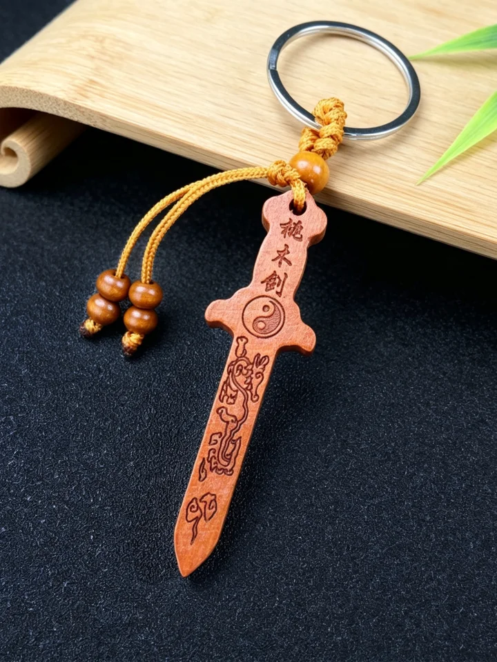 桃木製の平面彫刻カーキーリング【刀・剣・斧デザイン・お守り用】