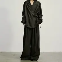 新中式デザインの交差リボン付き長袖シャツ【快適なドレープ感・ワイドパンツ】（セットアップ対応）