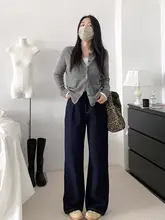 秋冬用深青色デニム休み用ワイドストレートパンツ【フィット】