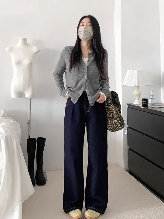 秋冬用深青色デニム休み用ワイドストレートパンツ【フィット】