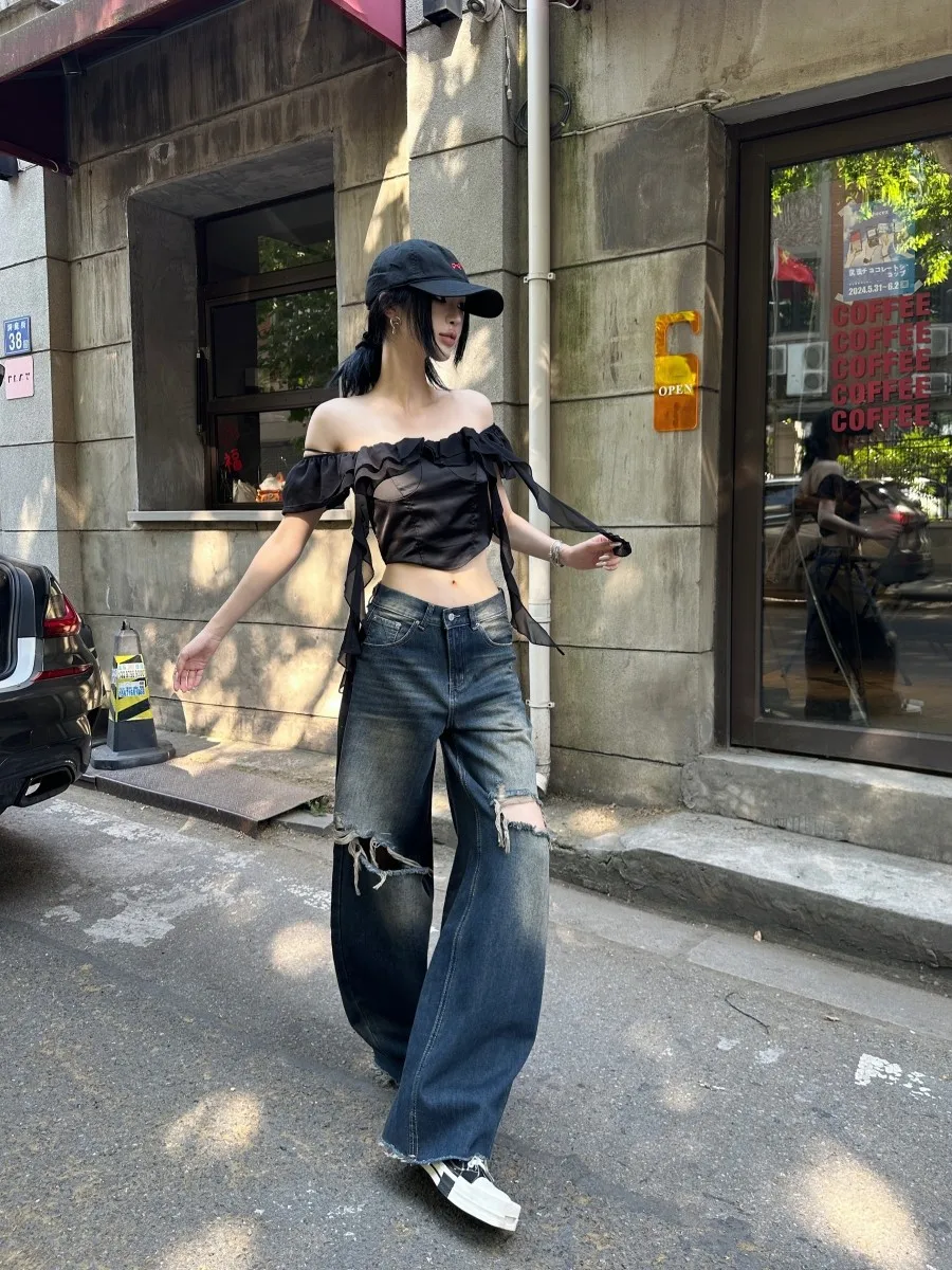 Tristine 女子用デニムパンツ【春夏用・ルーズフィット・ヒゲデザイン・クラッシュ加工・ロング丈】 きれいめコーデに最適なアイテム