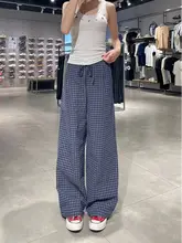 高身長向け ブルーチェック柄 夏用軽量ストレートパンツ【極上の柔らかさ・ワイドレッグ】