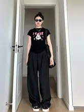 フィットな黒色ワイドレッグパンツ【大きいサイズ・ストレート・カジュアル】（セットアップ対応）