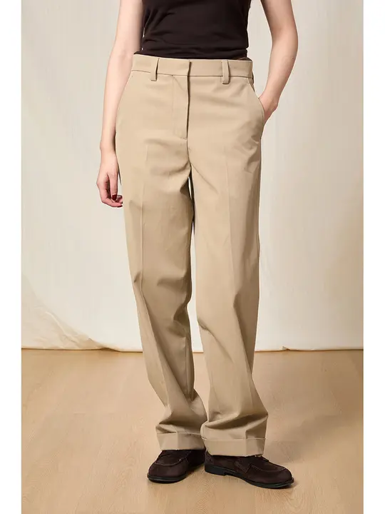 高級浅カキ色の羊毛コットンストレートカジュアルパンツ