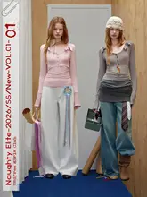 透かしデザインの長袖Tシャツ【ウエスト絞り・リボン付きVネック・女性用】
