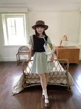 ブルーのニットパネルデザインドレス【ショートスリーブ・ウエストシェイプ・夏用・ゆったりした着心地】（セットアップ対応）