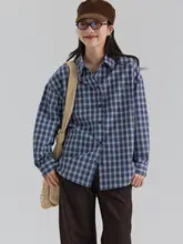 チェック柄のコットンシャツ【ゆったりした韓国風・通勤スタイル・春用・女性用】