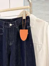 深い青のチェック柄ワイドレッグデニムパンツ【ハイウエスト・スリム効果・秋用】（セットアップ対応）