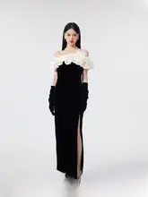 黒のスリットドレス【オフショルダー・ウエストマーク・ミディ丈】