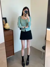 高腰A字開衩スカート【黒・トレンディ・防透け】