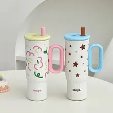 大容量の保温カップ【ストロー付き・星柄・オフィス用・高デザイン】