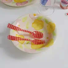 韓国インフレンチレトロチェック柄花柄スプーン