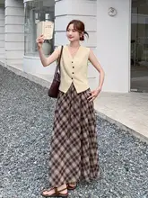 レトロVネック無袖ベスト【高腰チェック柄タイトスカート・夏用】（セットアップ対応）