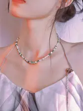 国風デザインの白緑カジュアルネックレス【竹節・天然石・東陵玉】