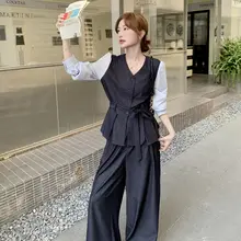 おしゃれで洗練された女性用のコーディネート【フェイク2ピース・ジョイントトップス・ハイウエストワイドパンツ】（セットアップ対応）