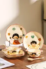 可愛らしいカートゥーンデザインの陶器製碗皿セット【一人用・箸付き・おしゃれな食器】（セットアップ対応）