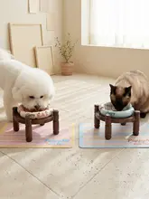 猫犬用 陶器製フードボウル【浅口・滑り止め・熱遮断マット付き・首に優しいデザイン】