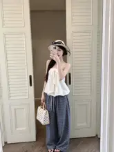 透かし模様のフラワーブラトップと高腰チェック柄パンツ【夏用・カジュアル・女性用】（セットアップ対応）