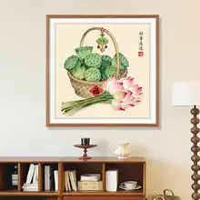 現代的な蓮の花と福字の刺繍【シンプルな手作りデザイン・リビングやダイニングに最適】