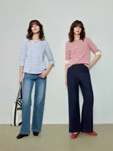 シンプルな七分袖ストライプTシャツ【春用・フランス風・オフショルダー】