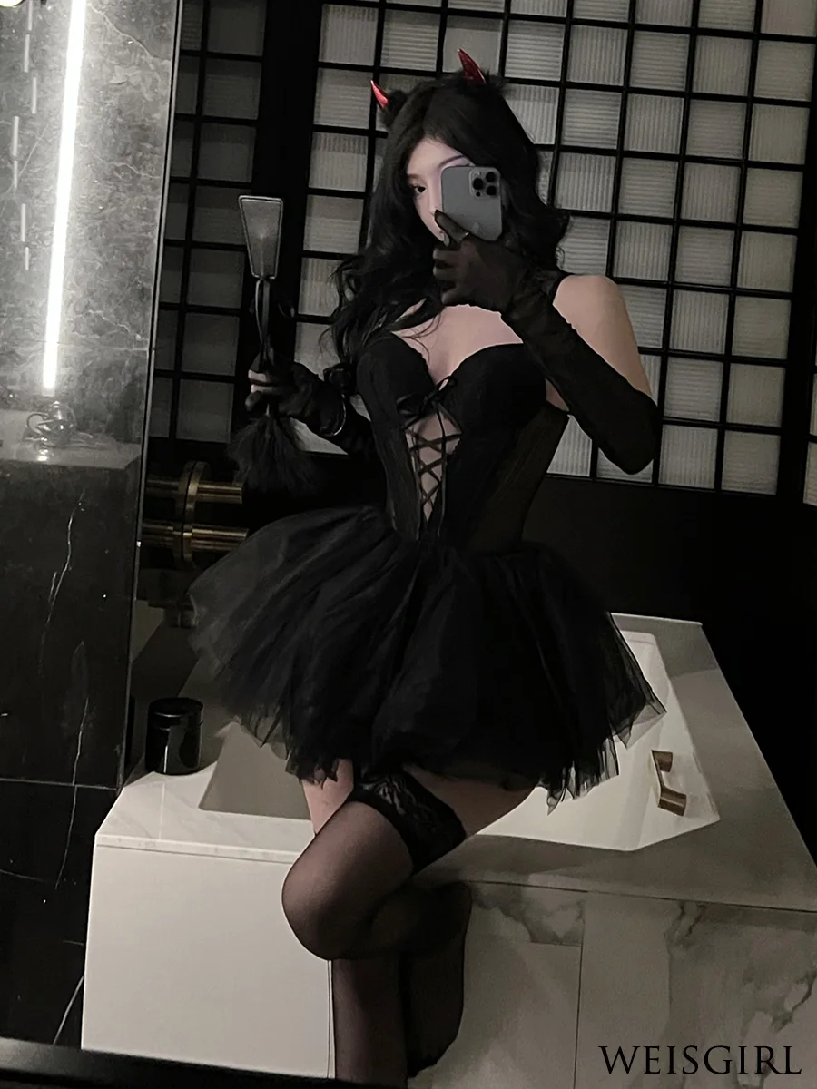 ハロウィンコスチューム セクシー悪魔風キャットガール制服：ダークスタイルでナイトパーティーに最適なファッション