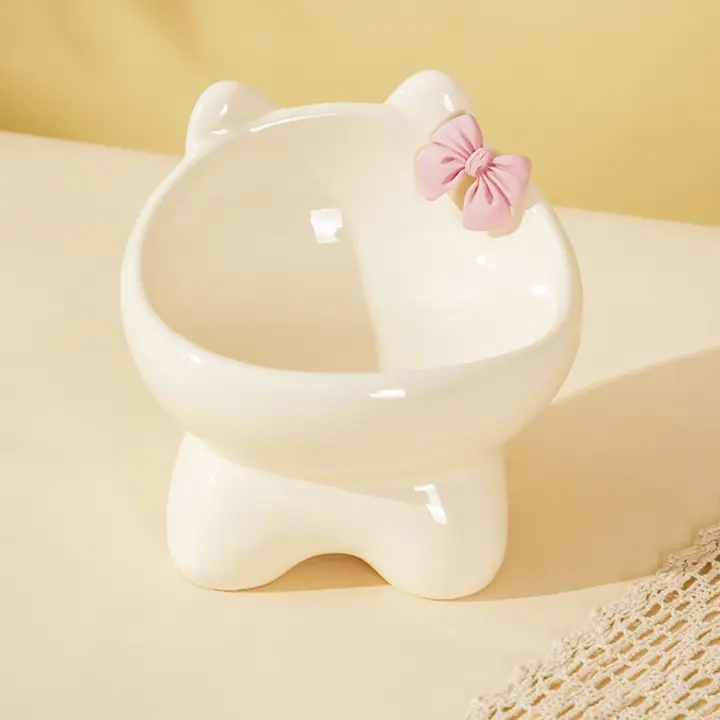 ペット用 陶器製猫用食器【水と餌兼用・安定設計・首の負担軽減】
