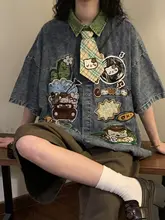 夏季デザインのアメリカンビンテージ風カジュアル刺繍デニムシャツ【ゆったりシルエット・短袖】