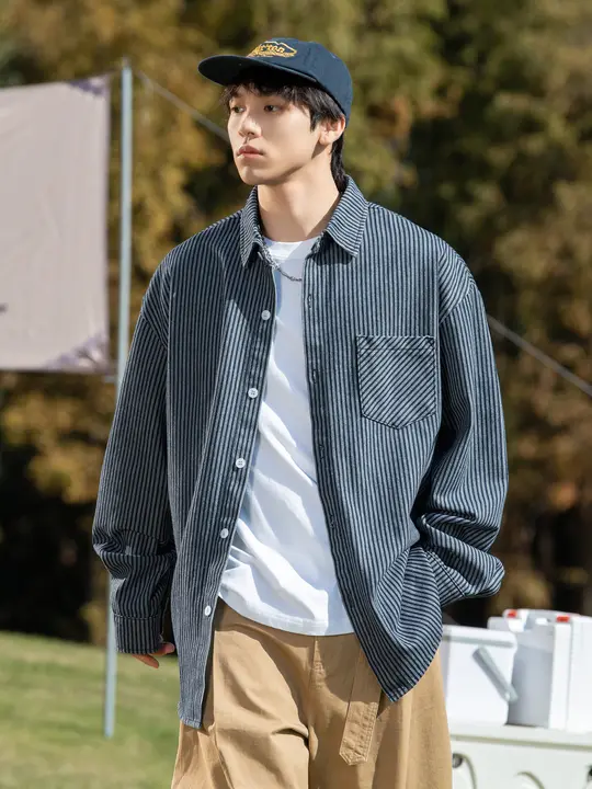 ヴィンテージストライプ工装デニム長袖シャツ【春秋用・フィット・カジュアル】