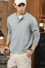 グレーの純綿ヘンリーティーシャツ【アメリカンレトロ・長袖・スリムフィット】