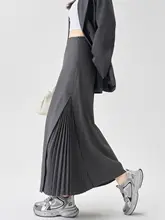 グレーのスーツ百褶スカート【ハイウエスト・Aライン・中長丈・女性用】