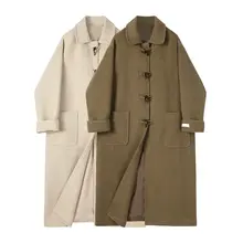 学院風の牛角ボタン付きカシミヤコート【秋冬用・高級感・ウール風】（セットアップ対応）