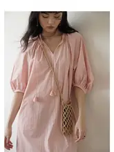 POPCHRIO マカロンカラーのVネックパフスリーブワンピース【夏用・Aライン・ゆったりデザイン】