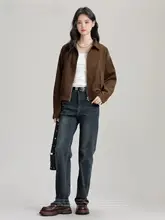 ブラウンのレトロ調フェイクスウェード翻リブジャケット【春用・ジッパー付き・女性用】