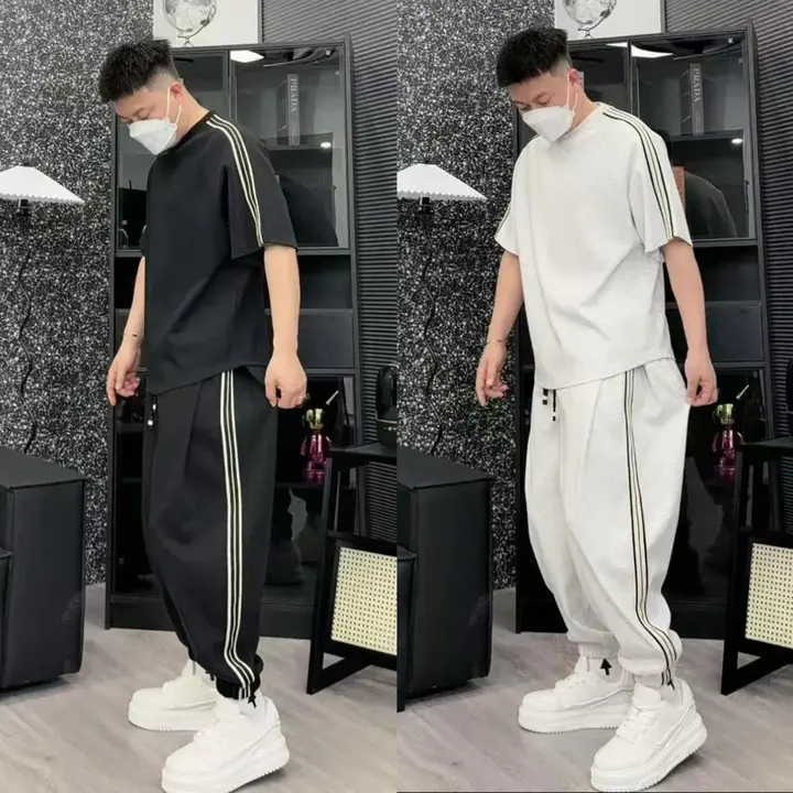 ストライプのハーレンスタイルパンツ＆Tシャツ【フィット・夏用・短袖】（セットアップ対応）
