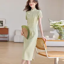 夏用シルクサテンの改良型チャイナドレス【高級感あるデザイン・女性用】