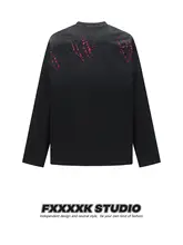 デザイン性のあるコットン製の短袖Tシャツ【ヒップホップスタイル・ダメージ加工・皺感】