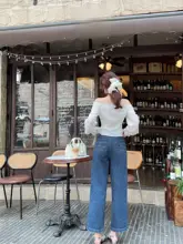 リボン付きのレトロウォッシュハイウエストストレートデニムパンツ【ワイドレッグ】