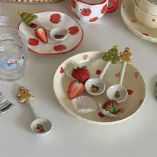 プレート ご飯ボウル 一人用用 陶器 手描き 赤色 小さなハート
