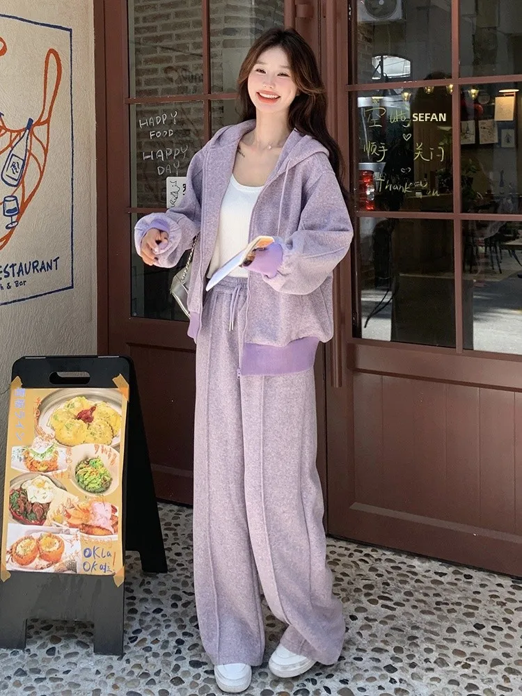 紫色カジュアルパーカーは春から秋にかけてのゆったりスタイルに最適