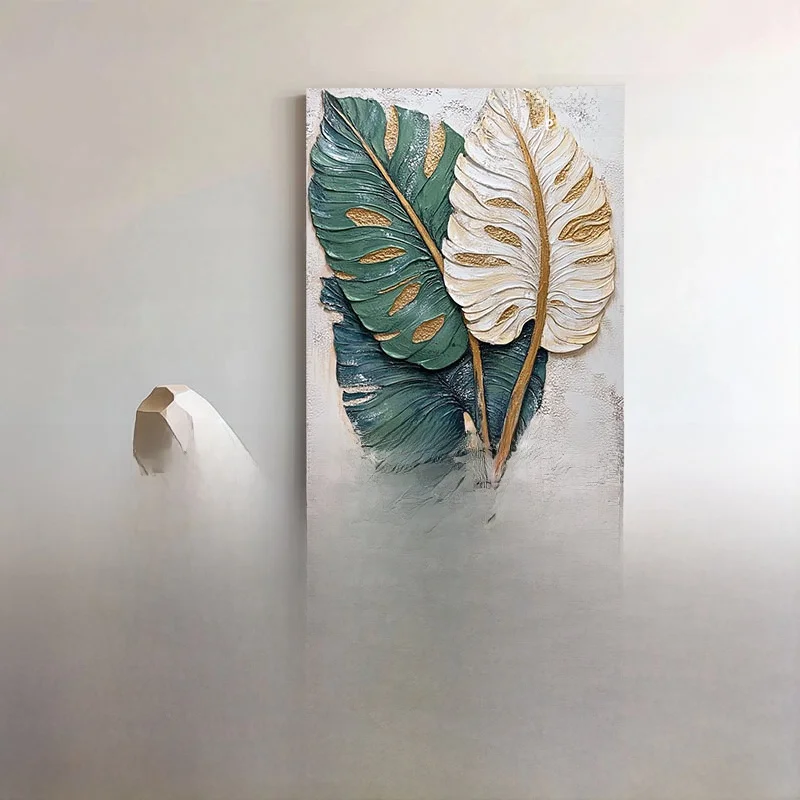 手描き油絵葉の抽象アート：植物デザインがインテリアに与える視覚的影響