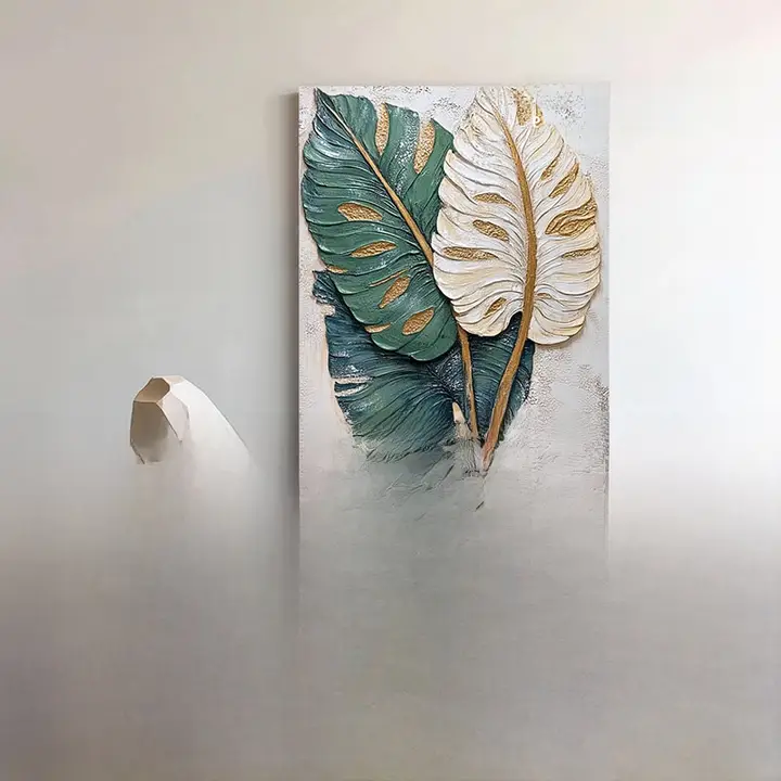 手描き油絵 葉の抽象アート【植物デザイン・インテリア装飾用】
