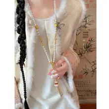 宋锦製の葫芦デザインパールネックレス【新中式・長めのニットチェーン・旗袍アクセサリー】