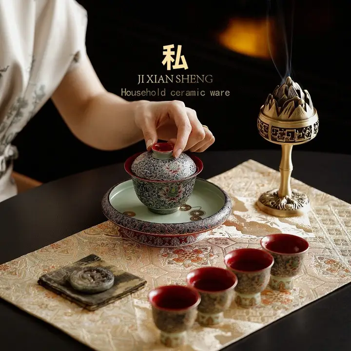 高級中式茶碗【掐絲銀エナメル彩・三才ガイワン・蓋付き】